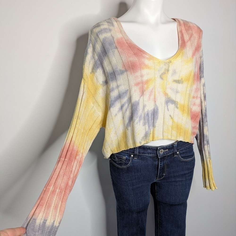 American Eagle Yellow Blue Pink Tie Dye Low Cut Neck Long Sleeve Crop Sweater S - Picture 4 of 8
